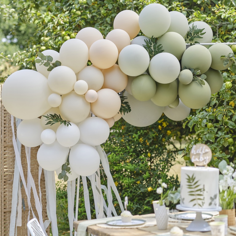 Balloon Arch - Taupe, Peach & Sage with Greens and Streamers (70pcs)