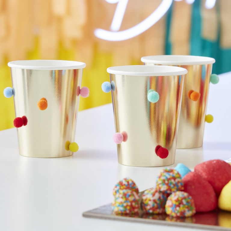 Paper Cups - Rainbow Pom Pom & Gold (8pcs|