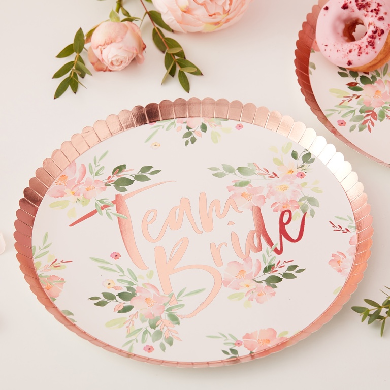 Paper Plates - Team Bride - Floral & Gold Pink (8pcs)