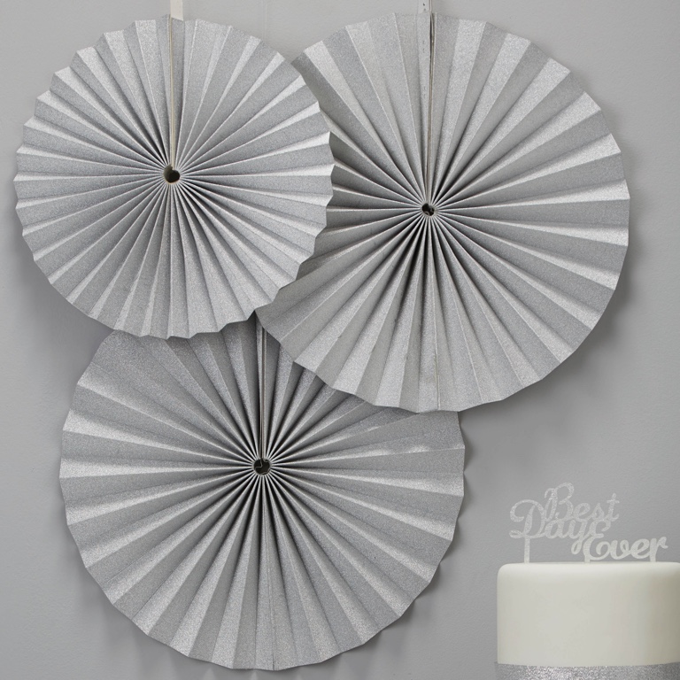 Circle Fan Decorations - Silver & White (3pcs)