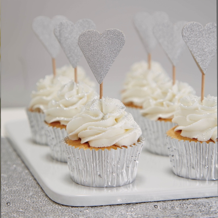 Glitter Heart Cupcake Toppers & Silver (10pcs)